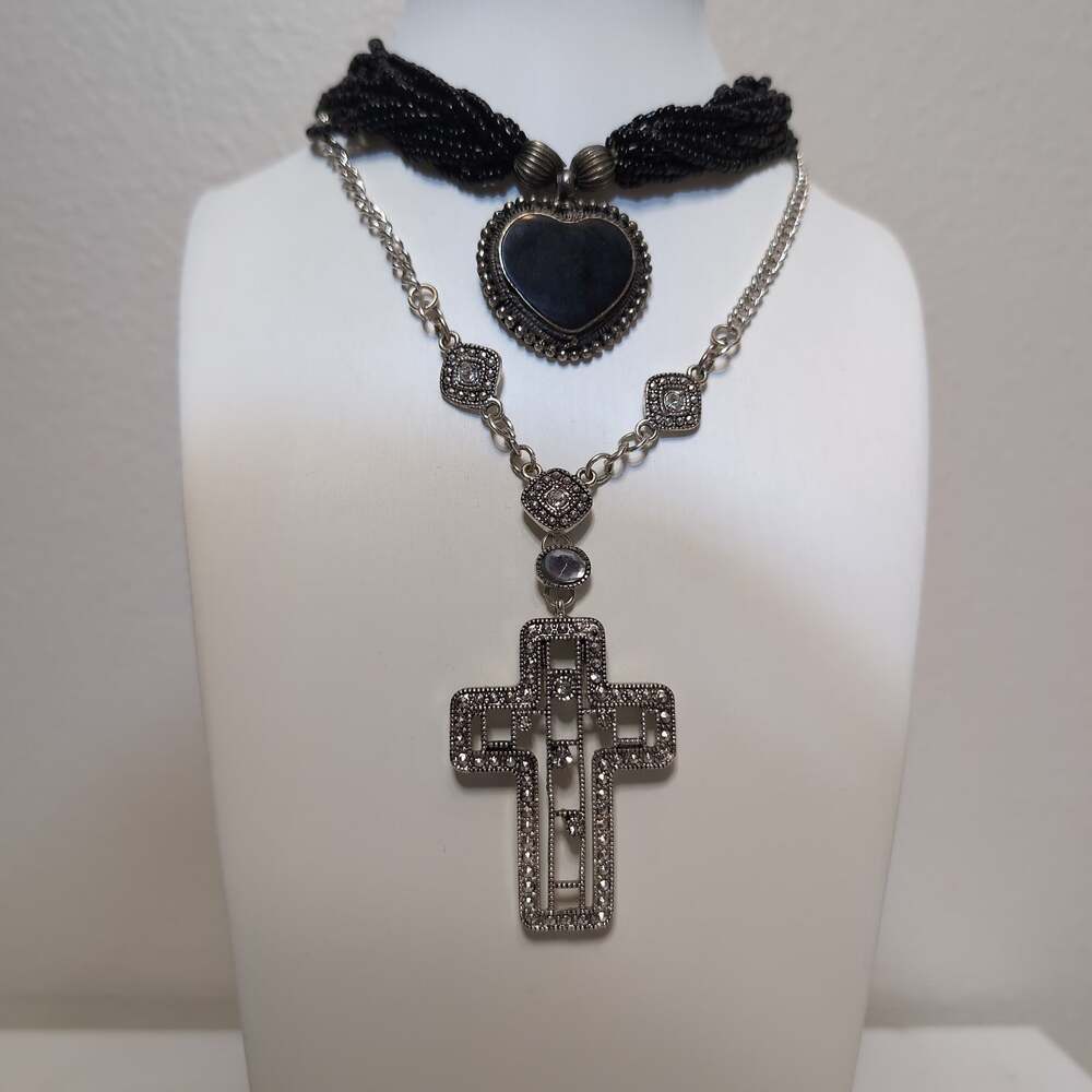 Cross and Heart Pendant Goth Necklace Set